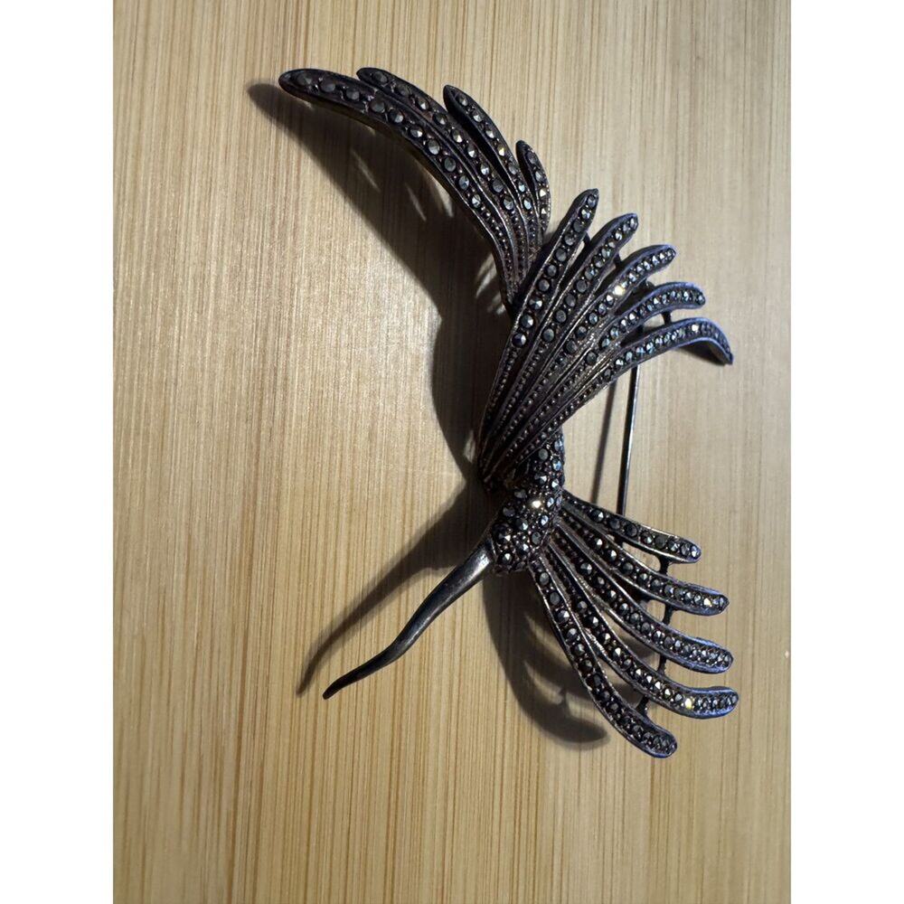 925 Silver Humming Bird Brooch 3.5x3 in Vintage Marcacites